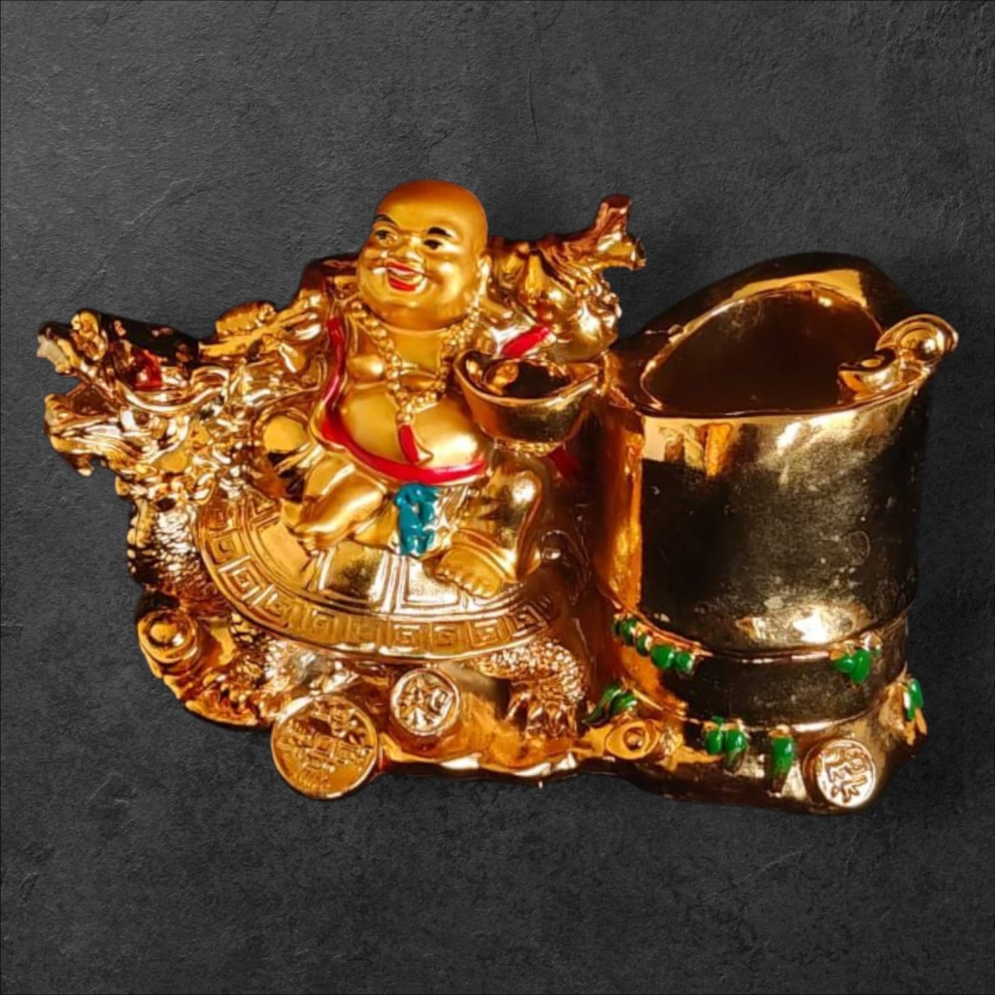 Laughing Buddha on Dragon Tortoise with Stand